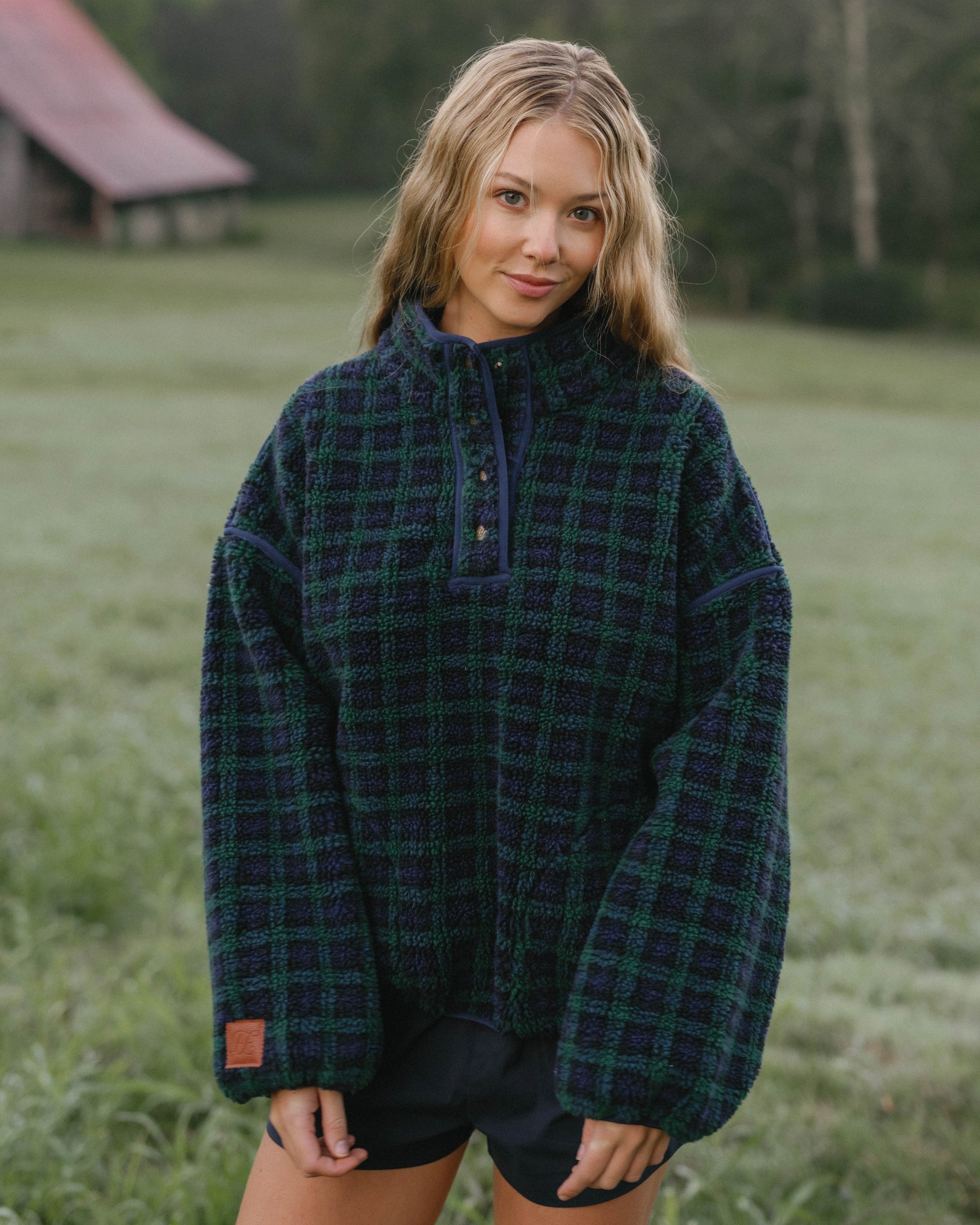 Plaid Fleece Pullover in Navy and Plaid