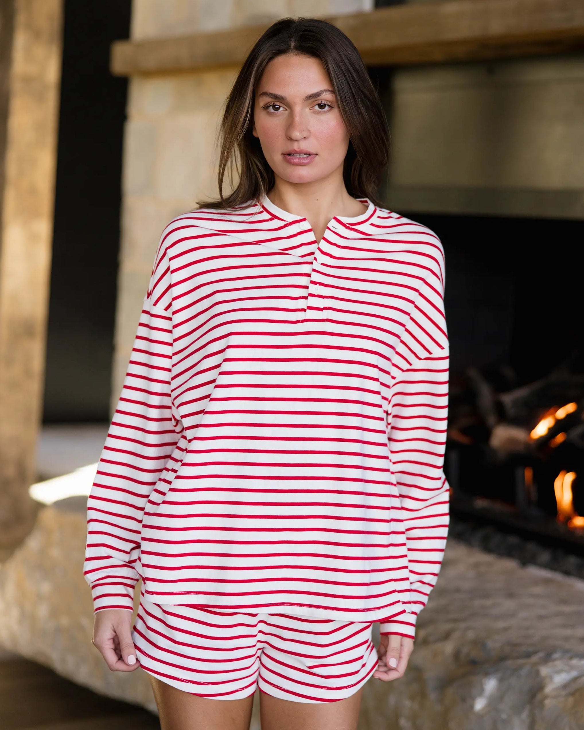 SUBARHILL STRIPE LONG SLEEVE TEE サイズ2 Long Sleeve Striped Henley in Cherry and White Stripe – Eleven Eleven