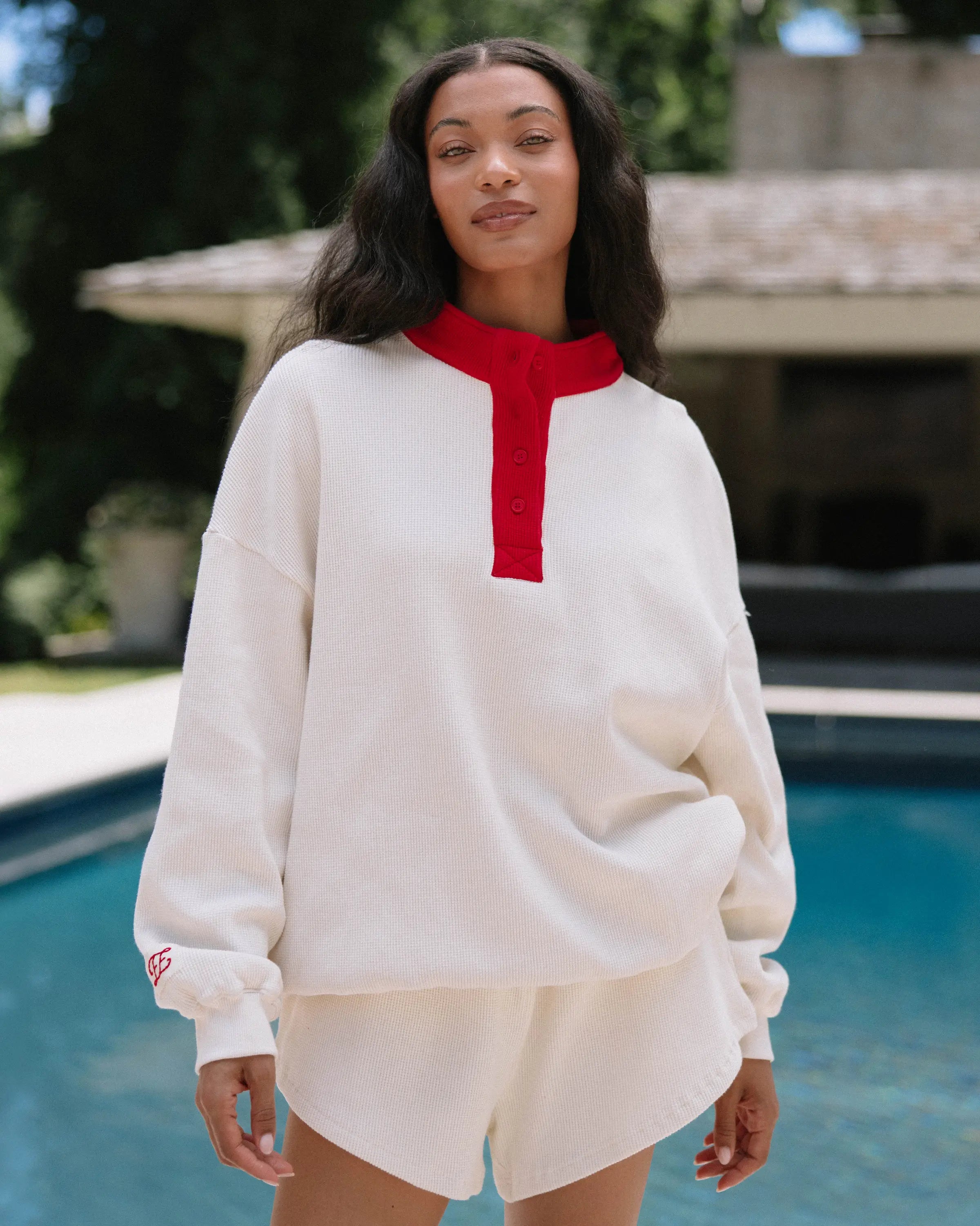 Waffle Henley Long Sleeve in Whisper with Cherry Trim – Eleven Eleven