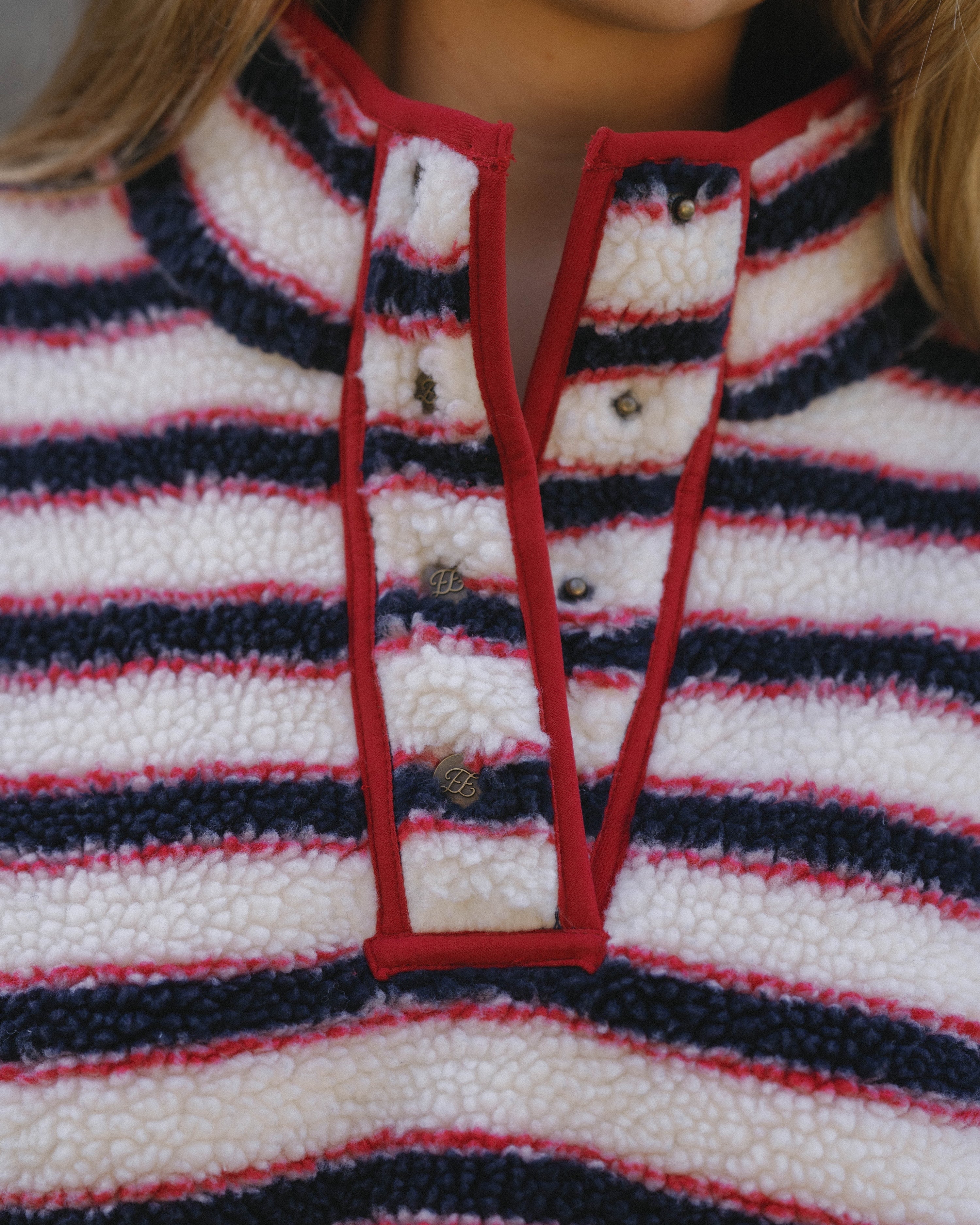 Striped Fleece Pullover in Navy and Red Stripe – Eleven Eleven